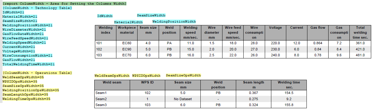 Arc Weld Report Column Width