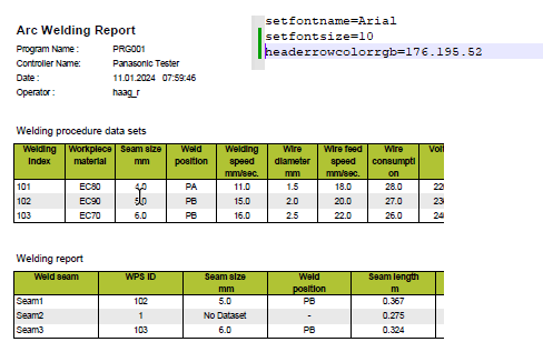 Arc Weld Report Table Header Colour